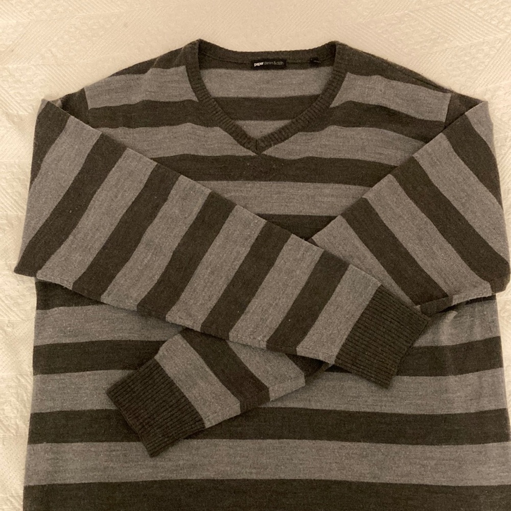Vintage paper denim & cloth black and grey v-neck striped sweater.
